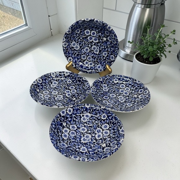 Vintage Crownford Staffordshire England Calico Blue Saucer Plates Set Of 4